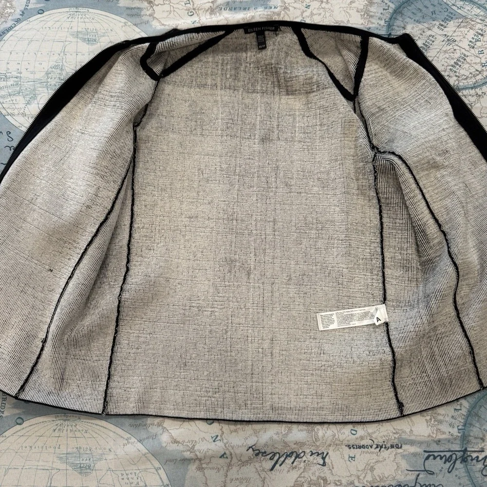 Eileen Fisher Black White Marled Knit Full Zip Collarless Jacket XS Professional